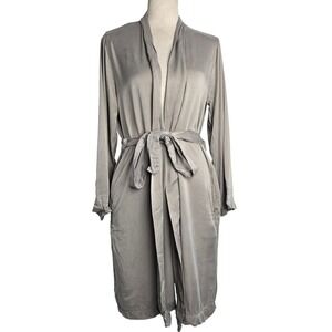 Restoration Hardware Womens Medium Grey Satin Heavy Robe‎ Long Sleeve Belted